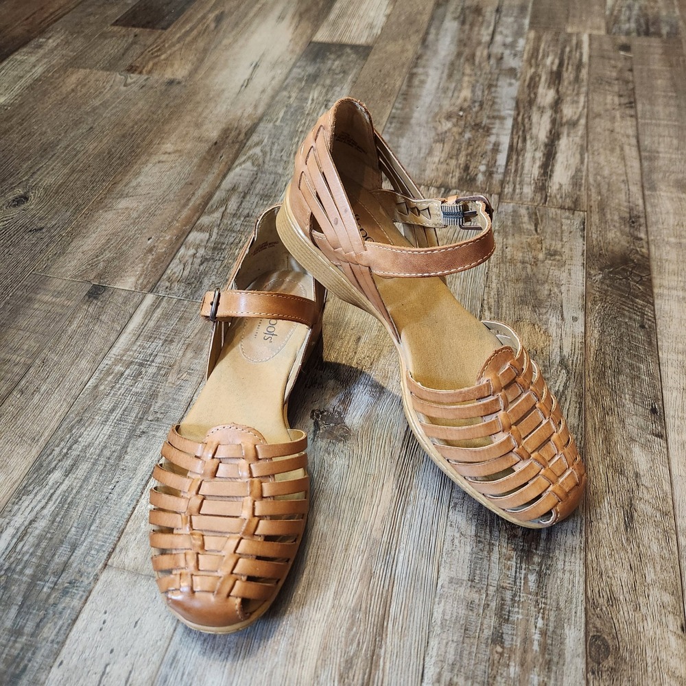 Softspots Tan Leather Huarache Fisherman Wedge Sandals 8N Pillowtop 762700 Boho